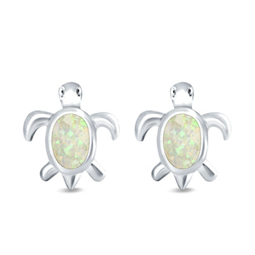 Turtle Stud Earrings Lab Created White Opal 925 Sterling Silver (13mm)